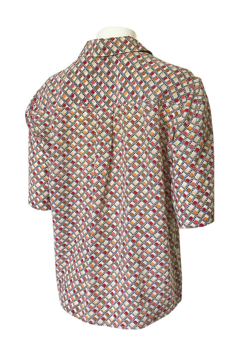 1970s Chloe Silk Geometric Earth Tones Print Short Sleeve Top