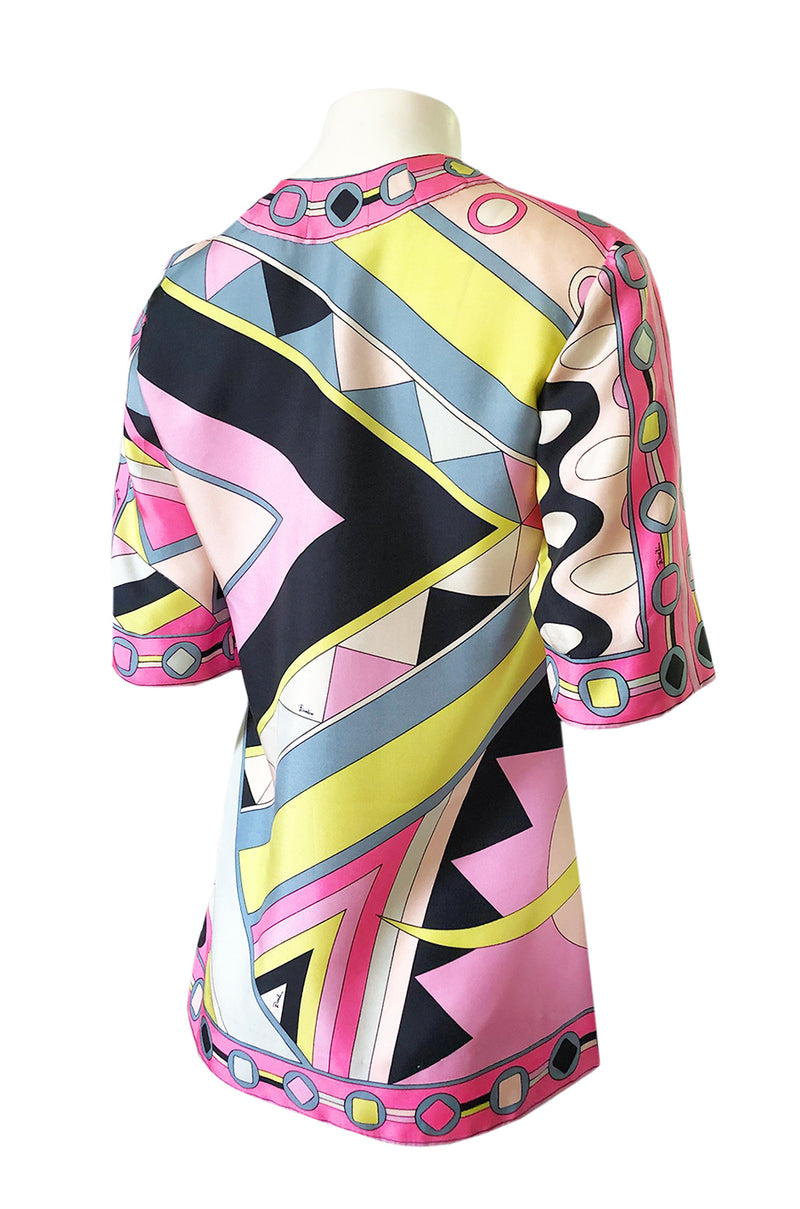 1960s Emilio Pucci Pink Geometric Print Silk Twill Tunic Top